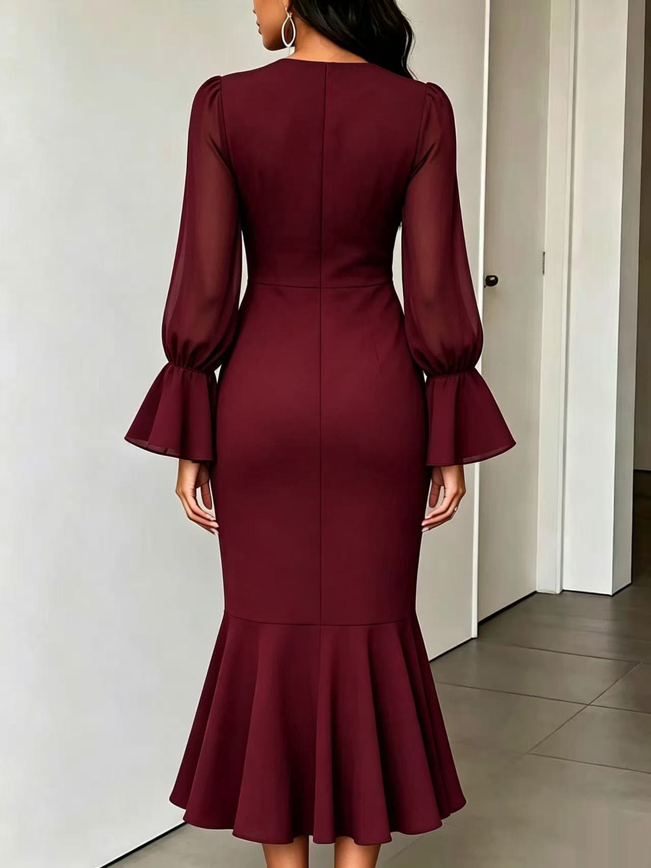 아마존 AliExpress 새로운 v 칼라 쉬폰 패치워크 버블 긴팔 인어 꼬리 드레스 상세 이미지 6