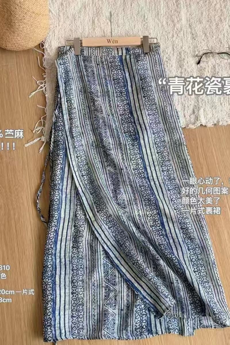 청화 백자 레트로 다용도 문예 하나 슬라이스 레이스업 포장 치마 반신 스커트 이미지 5