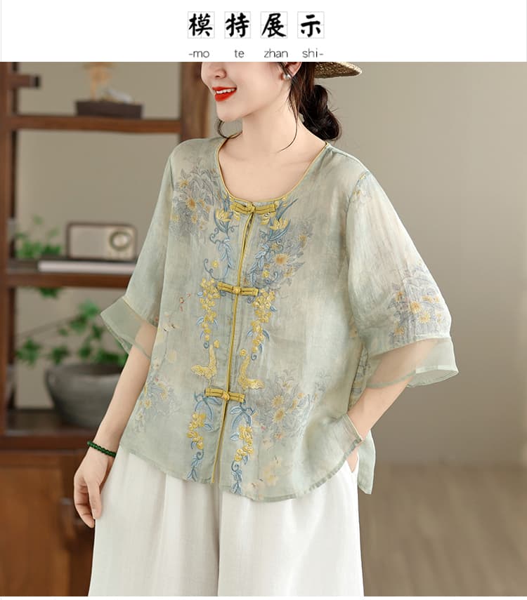 레트로 Chic 단추 자수 여성 셔츠 여름 얇은 스타일 루즈핏 캐주얼 문예 반팔 작은 셔츠 라미 맨위 상세 이미지 10