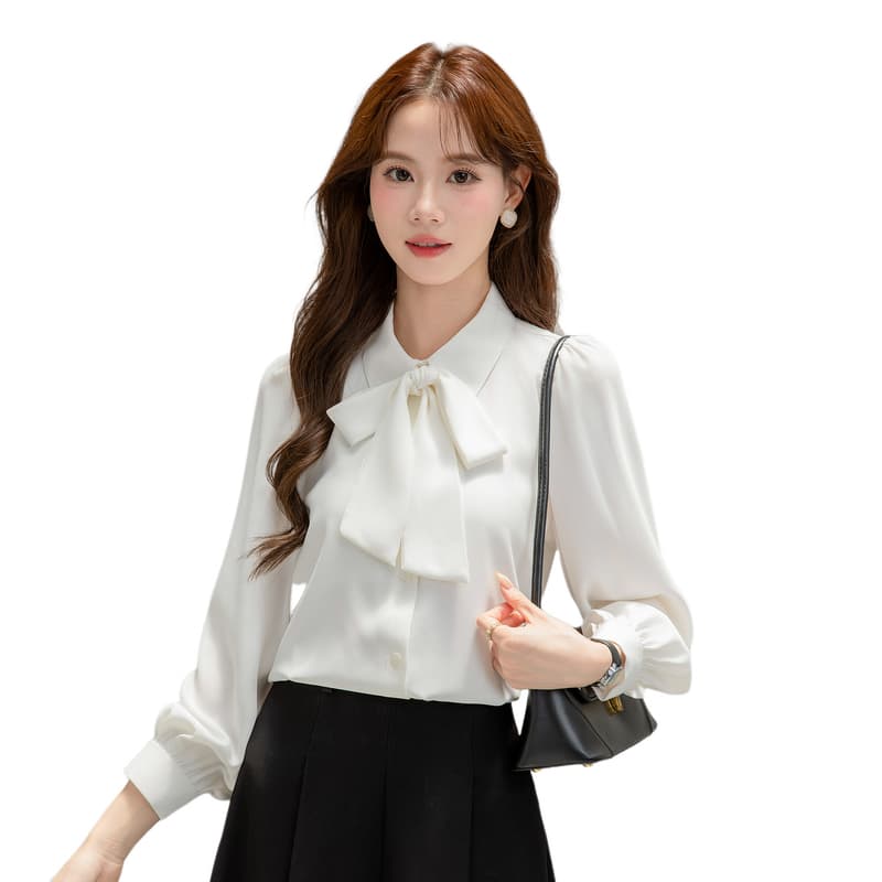 쉬폰 파란색 긴팔 여성 셔츠 2026 가을 나비 매듭 셔츠 교 자본금 면접 경력 긍정적 인 로드 중 직장 착용 가져 가라. 이미지 6