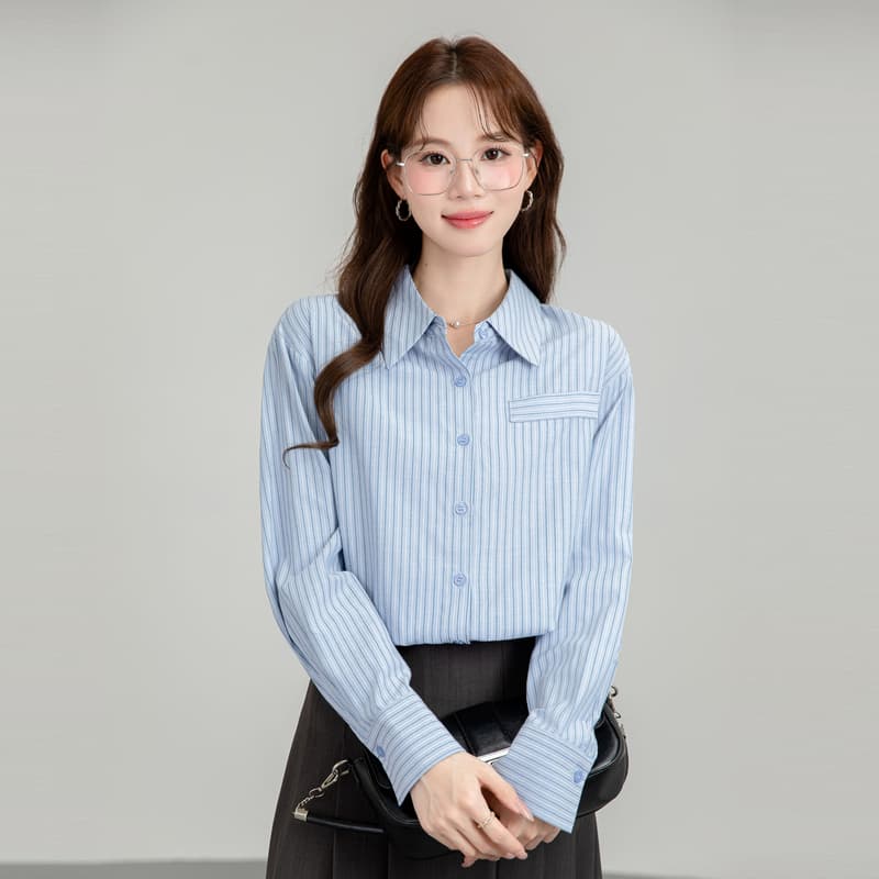 프랑스식 파란색 스트라이프 여성 셔츠 가을 2026 새로운 고급 센스 항구 바람 캐주얼 출퇴근 경력 루즈핏 맨위 이미지 3