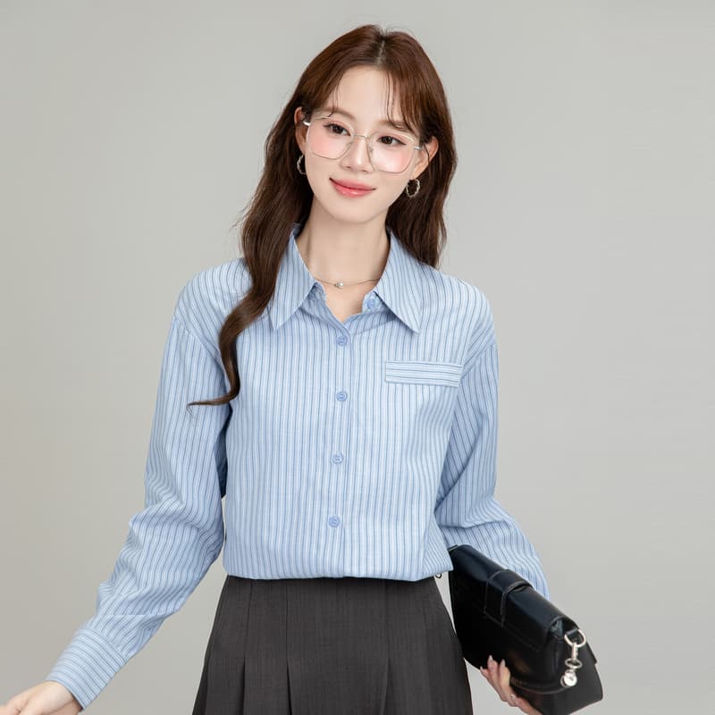 프랑스식 파란색 스트라이프 여성 셔츠 가을 2026 새로운 고급 센스 항구 바람 캐주얼 출퇴근 경력 루즈핏 맨위 이미지 2