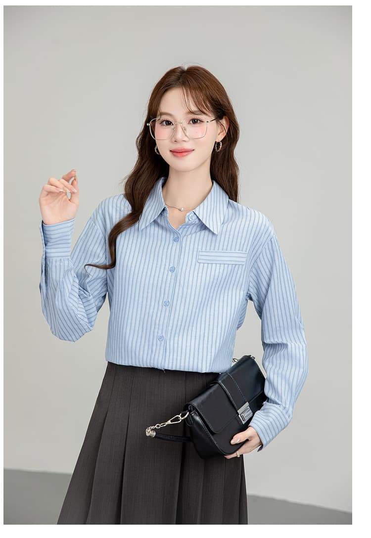 프랑스식 파란색 스트라이프 여성 셔츠 가을 2026 새로운 고급 센스 항구 바람 캐주얼 출퇴근 경력 루즈핏 맨위 상세 이미지 14