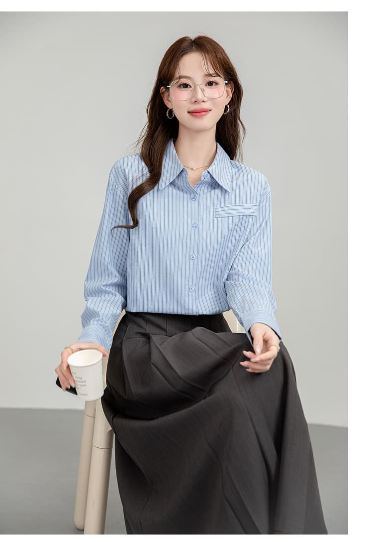 프랑스식 파란색 스트라이프 여성 셔츠 가을 2026 새로운 고급 센스 항구 바람 캐주얼 출퇴근 경력 루즈핏 맨위 상세 이미지 18