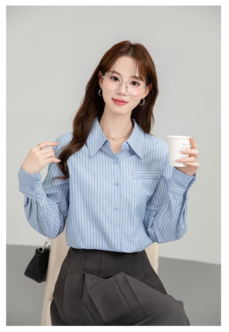 프랑스식 파란색 스트라이프 여성 셔츠 가을 2026 새로운 고급 센스 항구 바람 캐주얼 출퇴근 경력 루즈핏 맨위 상세 이미지 19