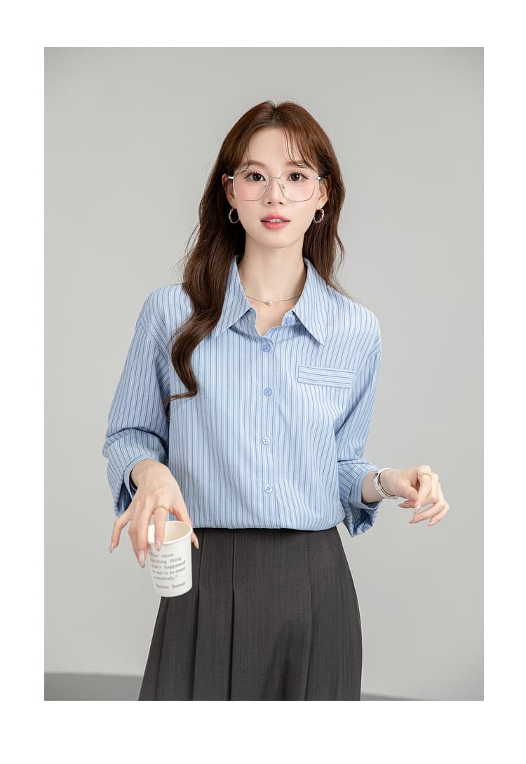 프랑스식 파란색 스트라이프 여성 셔츠 가을 2026 새로운 고급 센스 항구 바람 캐주얼 출퇴근 경력 루즈핏 맨위 상세 이미지 20
