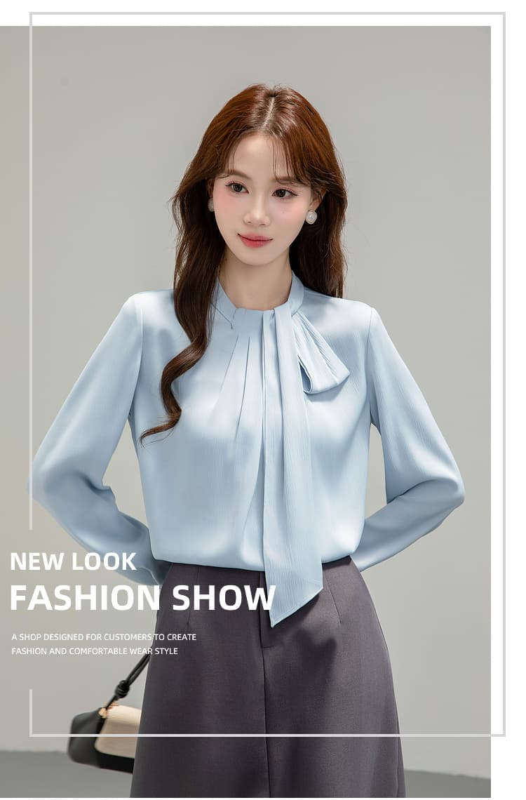 프랑스식 파란색 리본 여성 셔츠 가을 의상 경력 출퇴근 디자인 센스 고급 스탠드 칼라 긴팔 맨위 교 자본금 면접 상세 이미지 1