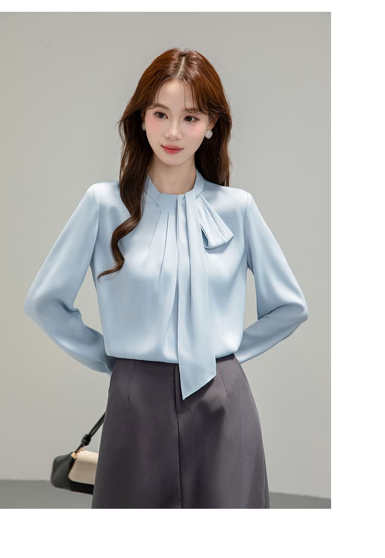 프랑스식 파란색 리본 여성 셔츠 가을 의상 경력 출퇴근 디자인 센스 고급 스탠드 칼라 긴팔 맨위 교 자본금 면접 상세 이미지 13