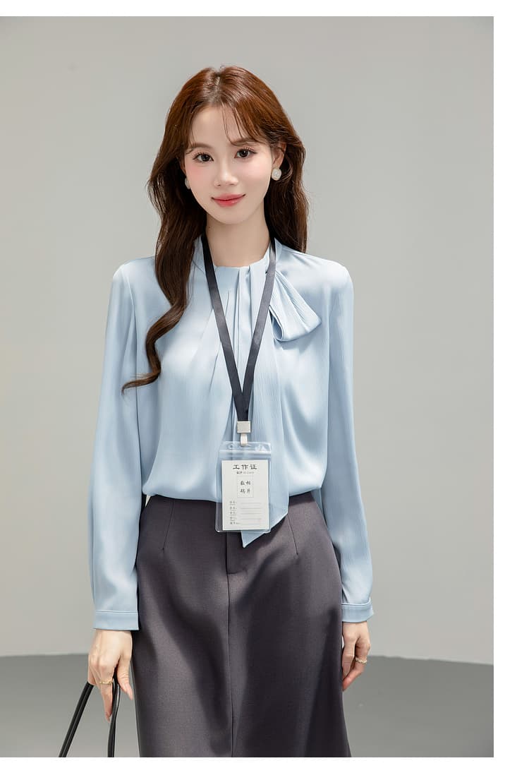 프랑스식 파란색 리본 여성 셔츠 가을 의상 경력 출퇴근 디자인 센스 고급 스탠드 칼라 긴팔 맨위 교 자본금 면접 상세 이미지 18