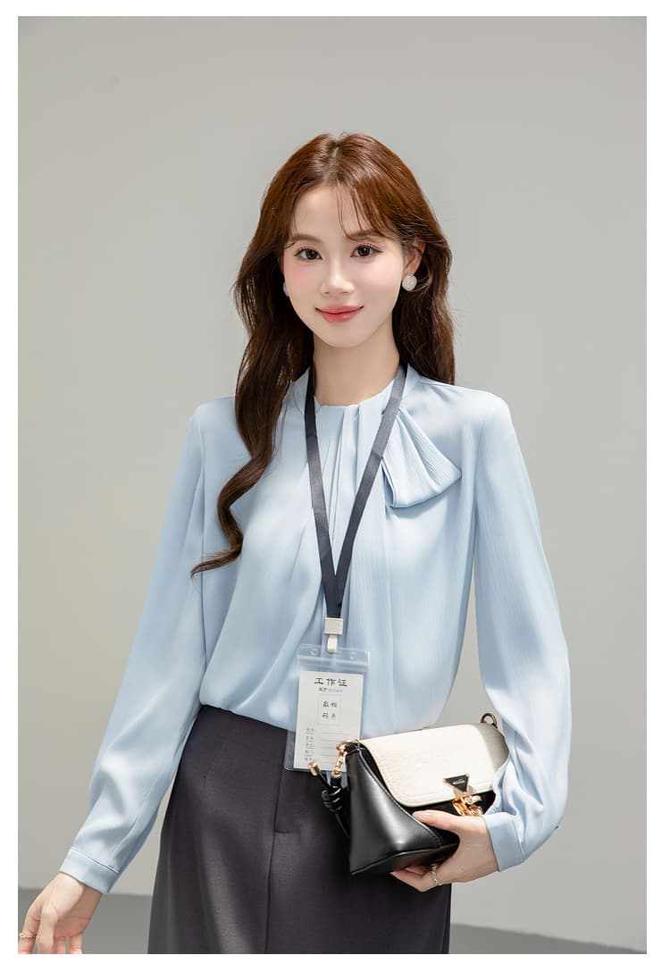 프랑스식 파란색 리본 여성 셔츠 가을 의상 경력 출퇴근 디자인 센스 고급 스탠드 칼라 긴팔 맨위 교 자본금 면접 상세 이미지 19