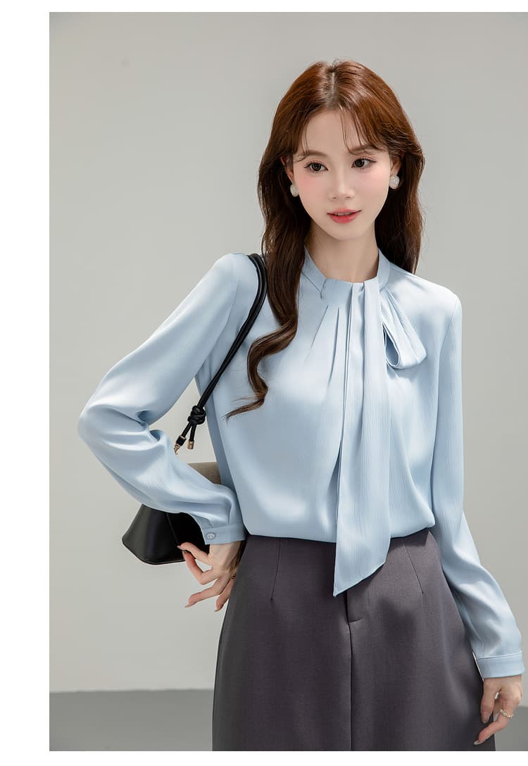 프랑스식 파란색 리본 여성 셔츠 가을 의상 경력 출퇴근 디자인 센스 고급 스탠드 칼라 긴팔 맨위 교 자본금 면접 상세 이미지 22