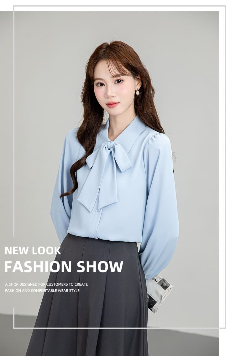 쉬폰 파란색 긴팔 여성 셔츠 2026 가을 나비 매듭 셔츠 교 자본금 면접 경력 긍정적 인 로드 중 직장 착용 가져 가라. 상세 이미지 1