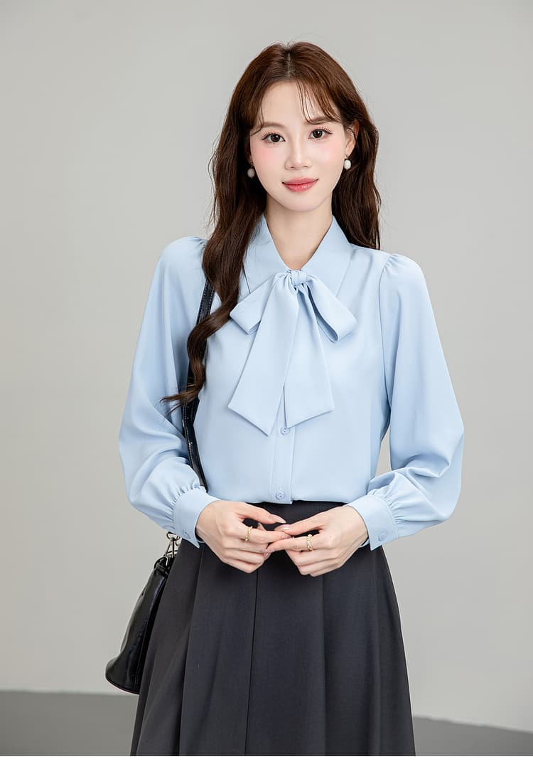 쉬폰 파란색 긴팔 여성 셔츠 2026 가을 나비 매듭 셔츠 교 자본금 면접 경력 긍정적 인 로드 중 직장 착용 가져 가라. 상세 이미지 16