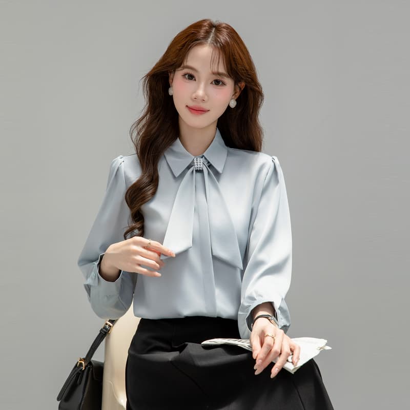 프랑스식 파란색 리본 긴팔 여성 셔츠 가을 작은 키 디자인 비즈니스웨어 출퇴근 교사 교 자본금 면접 로드 중 이미지 3
