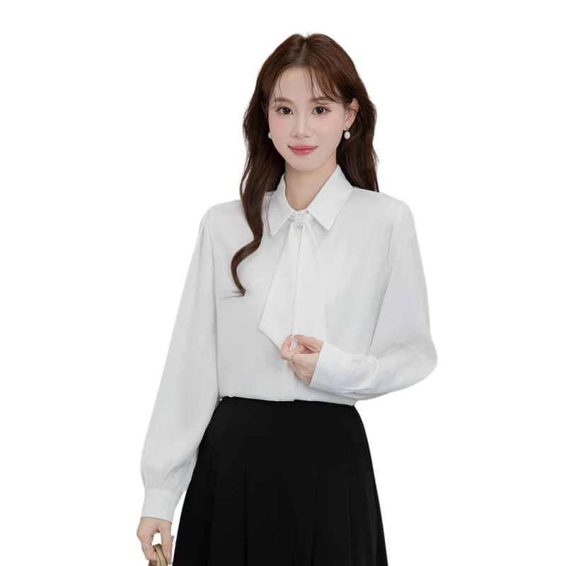 프랑스식 파란색 리본 긴팔 여성 셔츠 가을 작은 키 디자인 비즈니스웨어 출퇴근 교사 교 자본금 면접 로드 중 이미지 6