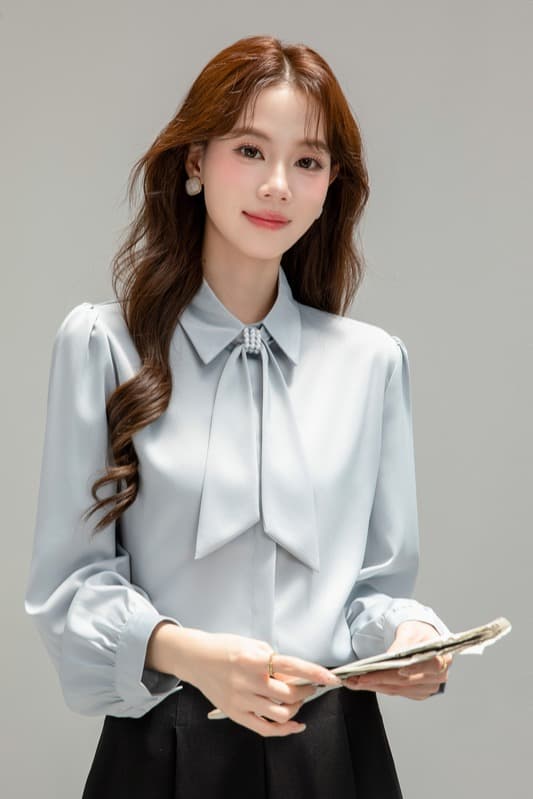 프랑스식 파란색 리본 긴팔 여성 셔츠 가을 작은 키 디자인 비즈니스웨어 출퇴근 교사 교 자본금 면접 로드 중 이미지 7