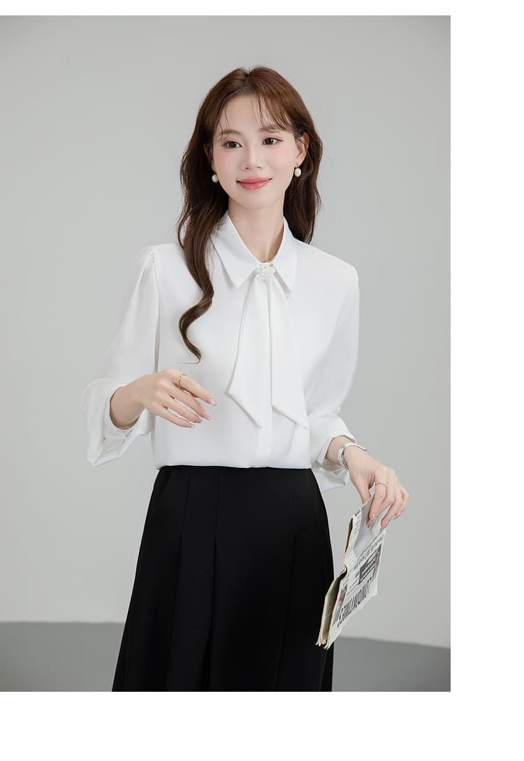 프랑스식 파란색 리본 긴팔 여성 셔츠 가을 작은 키 디자인 비즈니스웨어 출퇴근 교사 교 자본금 면접 로드 중 상세 이미지 13