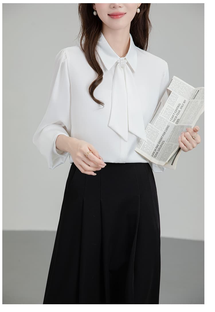 프랑스식 파란색 리본 긴팔 여성 셔츠 가을 작은 키 디자인 비즈니스웨어 출퇴근 교사 교 자본금 면접 로드 중 상세 이미지 14