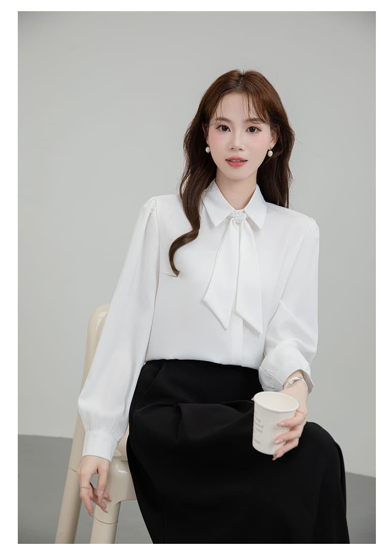 프랑스식 파란색 리본 긴팔 여성 셔츠 가을 작은 키 디자인 비즈니스웨어 출퇴근 교사 교 자본금 면접 로드 중 상세 이미지 15