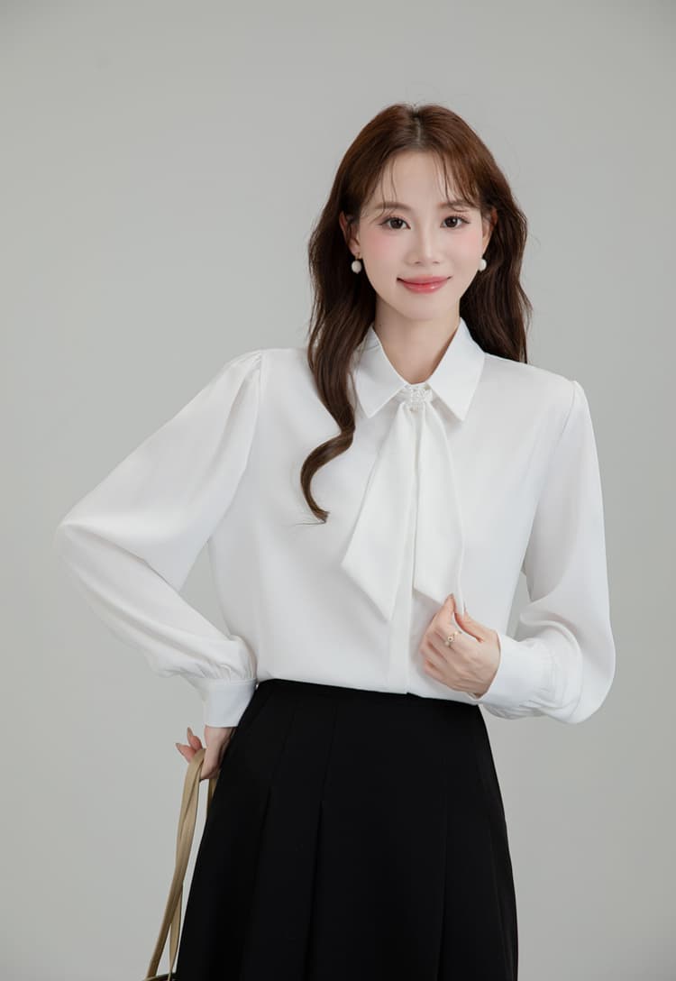 프랑스식 파란색 리본 긴팔 여성 셔츠 가을 작은 키 디자인 비즈니스웨어 출퇴근 교사 교 자본금 면접 로드 중 상세 이미지 17