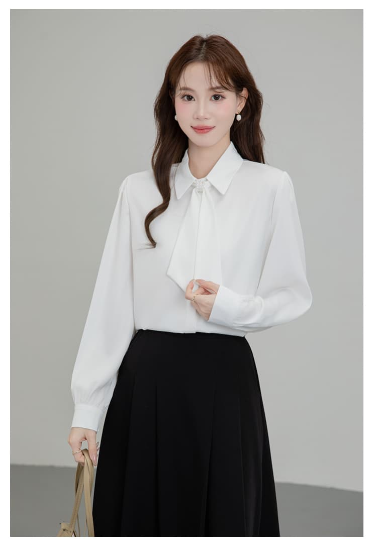 프랑스식 파란색 리본 긴팔 여성 셔츠 가을 작은 키 디자인 비즈니스웨어 출퇴근 교사 교 자본금 면접 로드 중 상세 이미지 19