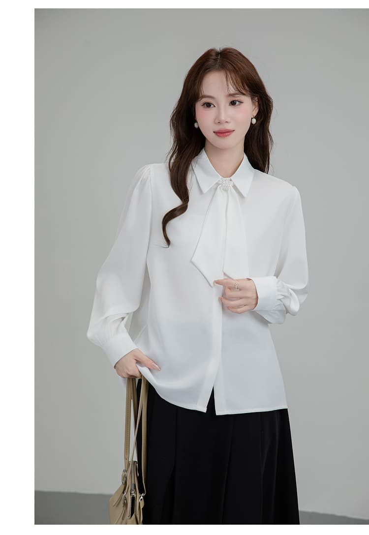 프랑스식 파란색 리본 긴팔 여성 셔츠 가을 작은 키 디자인 비즈니스웨어 출퇴근 교사 교 자본금 면접 로드 중 상세 이미지 22