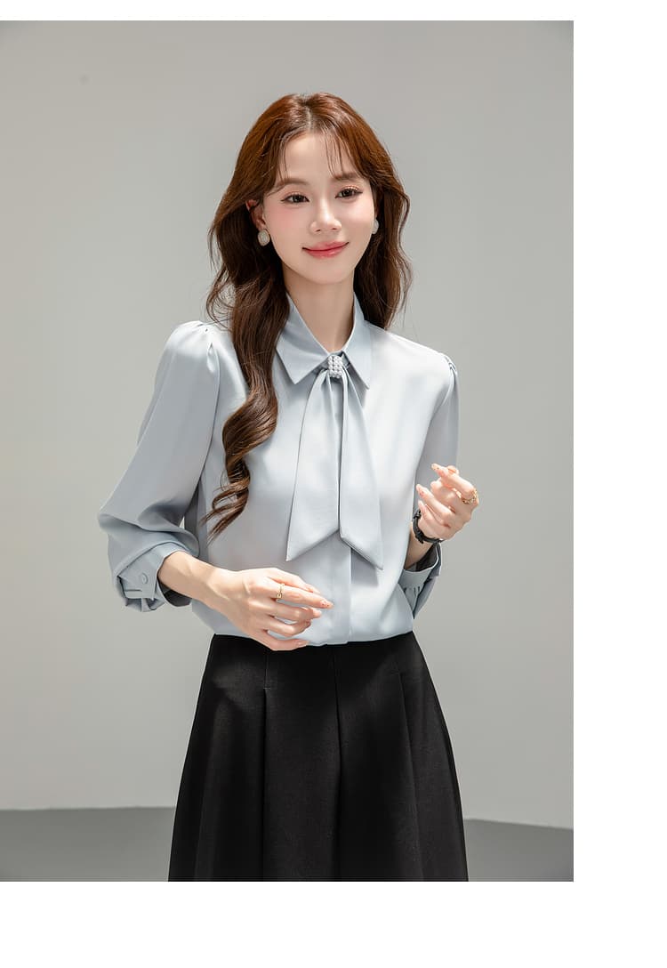 프랑스식 파란색 리본 긴팔 여성 셔츠 가을 작은 키 디자인 비즈니스웨어 출퇴근 교사 교 자본금 면접 로드 중 상세 이미지 24