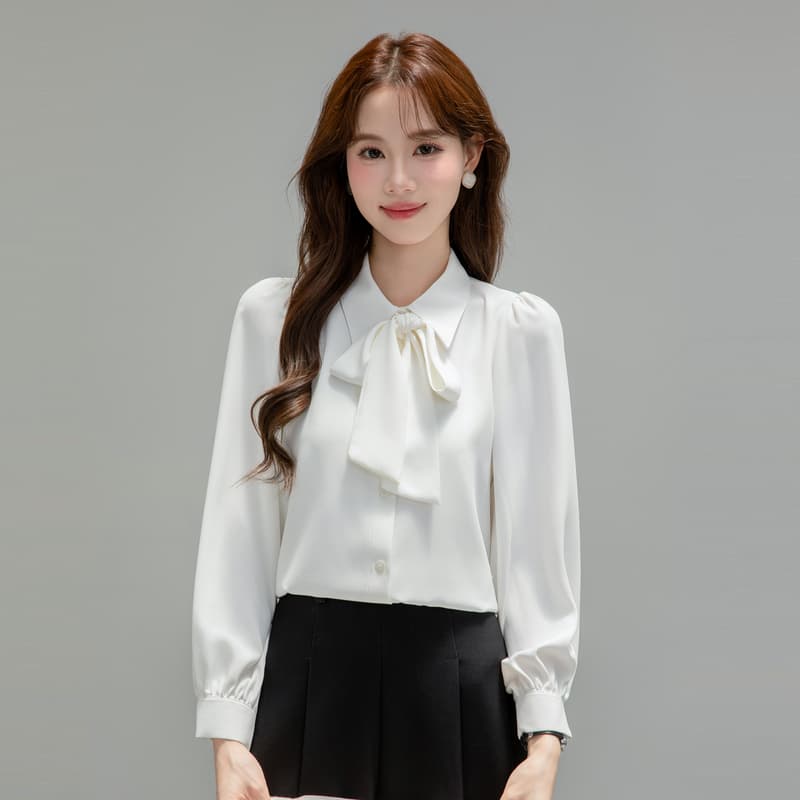 쉬폰 파란색 긴팔 여성 셔츠 2026 가을 나비 매듭 셔츠 교 자본금 면접 경력 긍정적 인 로드 중 직장 착용 가져 가라. 이미지 2