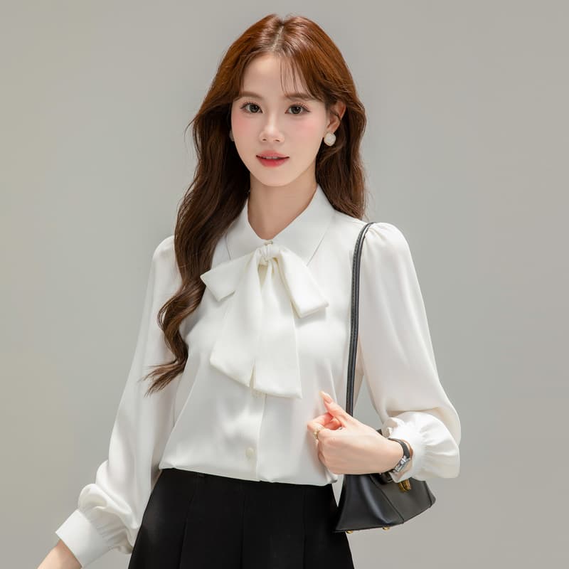 쉬폰 파란색 긴팔 여성 셔츠 2026 가을 나비 매듭 셔츠 교 자본금 면접 경력 긍정적 인 로드 중 직장 착용 가져 가라. 이미지 4