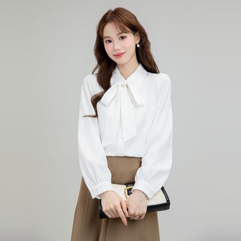 파란색 나비 매듭 리본 반팔 새로운 봄 가을 경력 셔츠 소녀 경력 긍정적 인 로드 중 교 자본금 면접 셔츠 이미지 5