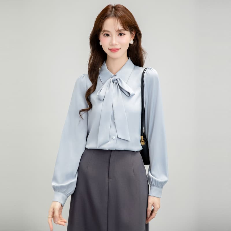 파란색 나비 매듭 리본 반팔 새로운 봄 가을 경력 셔츠 소녀 경력 긍정적 인 로드 중 교 자본금 면접 셔츠 이미지 2