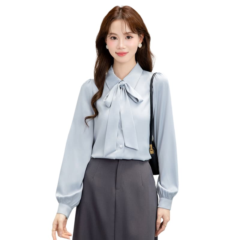 파란색 나비 매듭 리본 반팔 새로운 봄 가을 경력 셔츠 소녀 경력 긍정적 인 로드 중 교 자본금 면접 셔츠 이미지 6