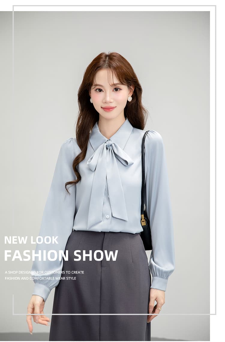 파란색 나비 매듭 리본 반팔 새로운 봄 가을 경력 셔츠 소녀 경력 긍정적 인 로드 중 교 자본금 면접 셔츠 상세 이미지 1