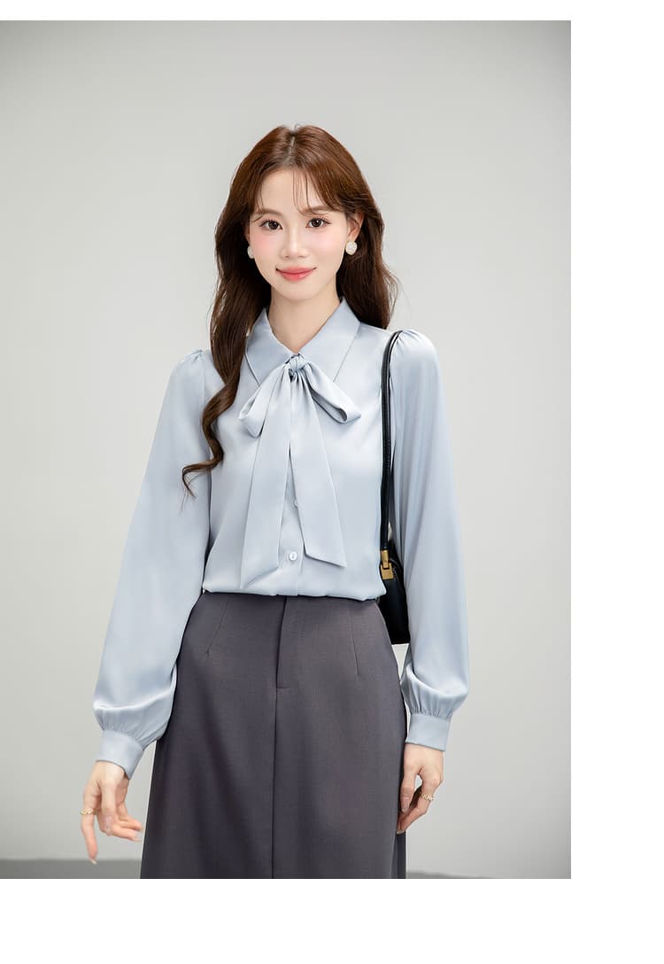 파란색 나비 매듭 리본 반팔 새로운 봄 가을 경력 셔츠 소녀 경력 긍정적 인 로드 중 교 자본금 면접 셔츠 상세 이미지 13