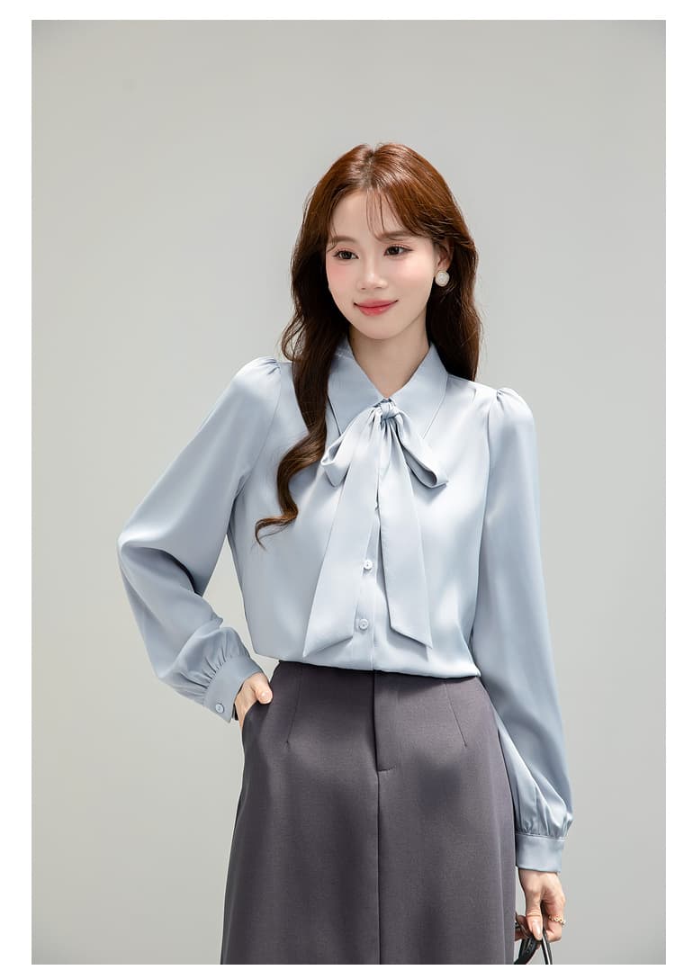 파란색 나비 매듭 리본 반팔 새로운 봄 가을 경력 셔츠 소녀 경력 긍정적 인 로드 중 교 자본금 면접 셔츠 상세 이미지 15