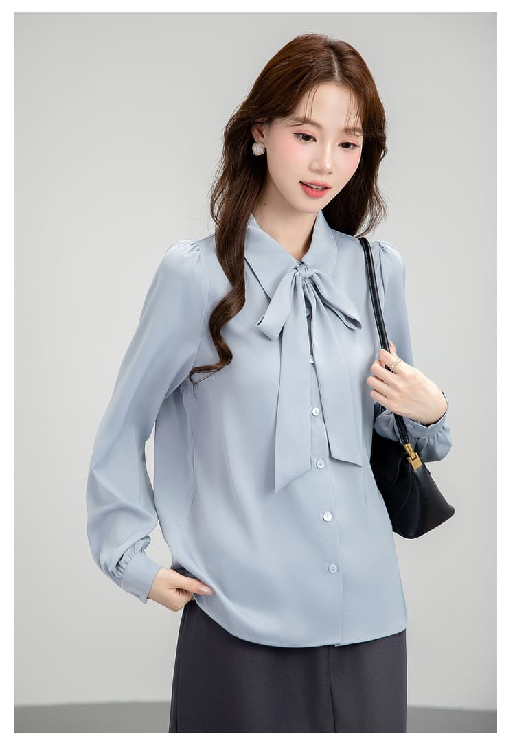 파란색 나비 매듭 리본 반팔 새로운 봄 가을 경력 셔츠 소녀 경력 긍정적 인 로드 중 교 자본금 면접 셔츠 상세 이미지 19