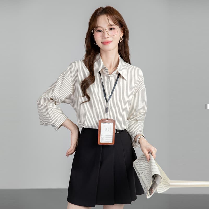 프랑스식 스트라이프 셔츠 여성 허리 수축 2026 새로운 봄 가을 경력 출퇴근 셔츠 트임 디자인 센스 맨위 이미지 5