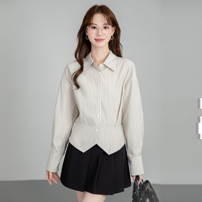 프랑스식 스트라이프 셔츠 여성 허리 수축 2026 새로운 봄 가을 경력 출퇴근 셔츠 트임 디자인 센스 맨위 이미지 2