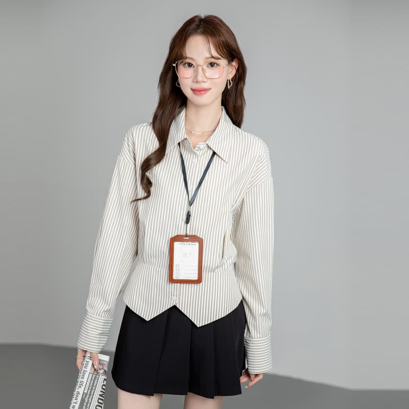 프랑스식 스트라이프 셔츠 여성 허리 수축 2026 새로운 봄 가을 경력 출퇴근 셔츠 트임 디자인 센스 맨위 이미지 4