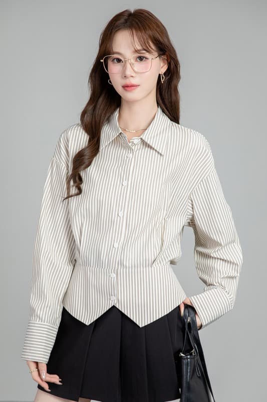 프랑스식 스트라이프 셔츠 여성 허리 수축 2026 새로운 봄 가을 경력 출퇴근 셔츠 트임 디자인 센스 맨위 이미지 7