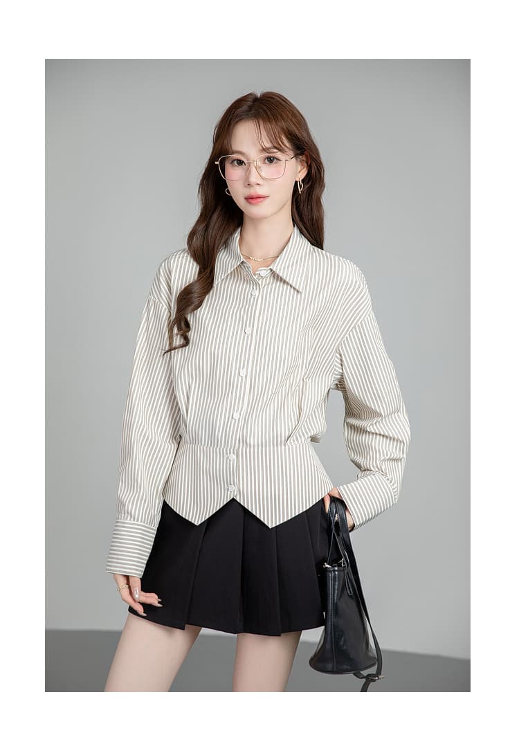 프랑스식 스트라이프 셔츠 여성 허리 수축 2026 새로운 봄 가을 경력 출퇴근 셔츠 트임 디자인 센스 맨위 상세 이미지 16
