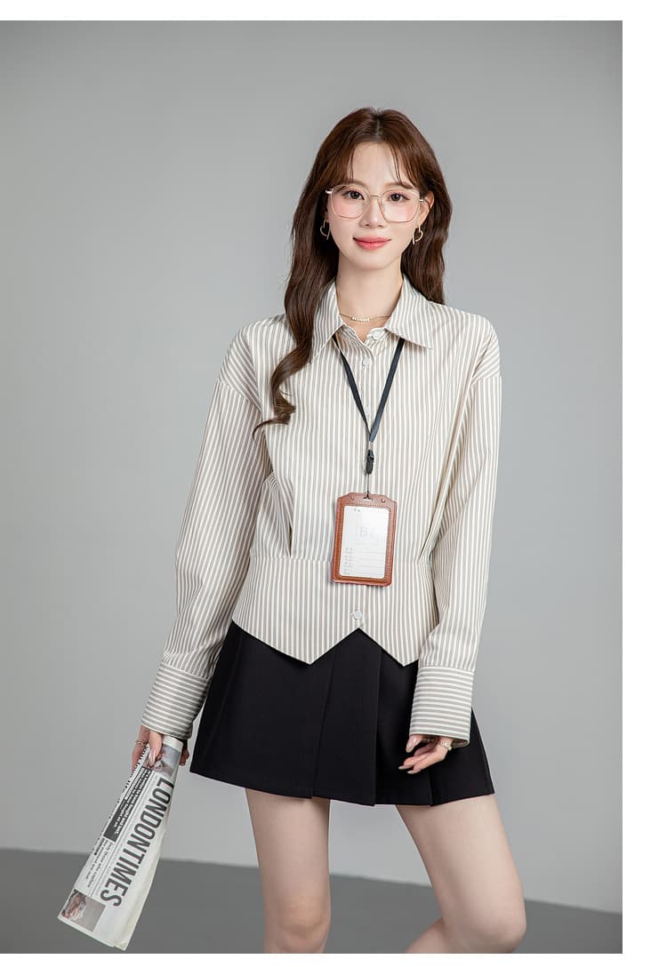 프랑스식 스트라이프 셔츠 여성 허리 수축 2026 새로운 봄 가을 경력 출퇴근 셔츠 트임 디자인 센스 맨위 상세 이미지 18