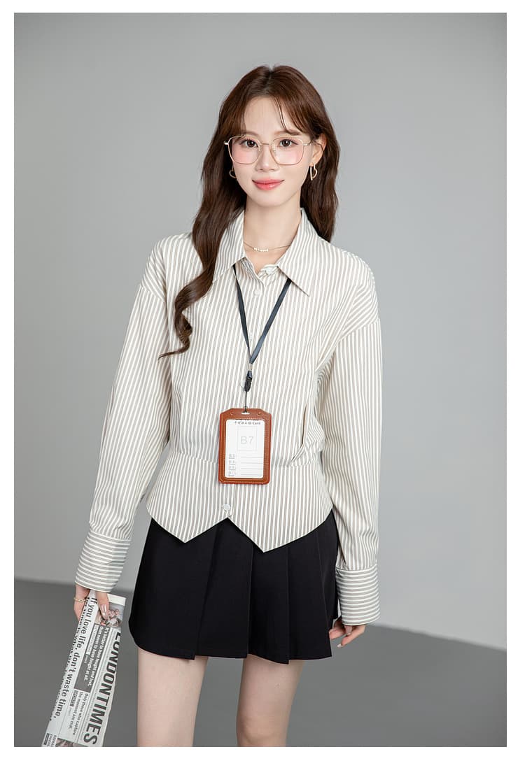 프랑스식 스트라이프 셔츠 여성 허리 수축 2026 새로운 봄 가을 경력 출퇴근 셔츠 트임 디자인 센스 맨위 상세 이미지 19