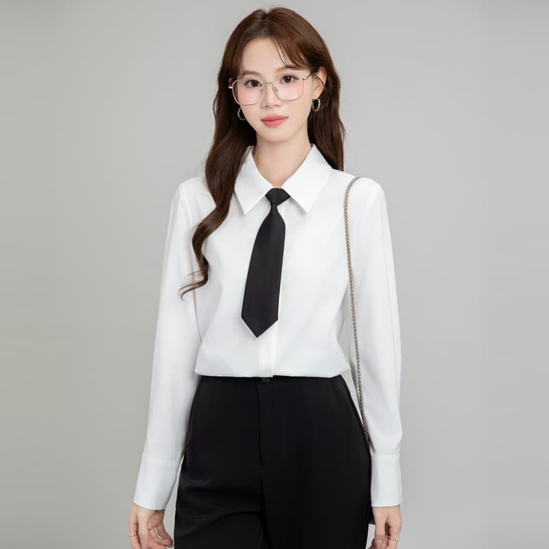 파란색 긴팔 여성 셔츠 2026 년 새로운 봄 가을 다용도 빛 직장 긍정적 인 로드 중 출퇴근 세트 경력 맨위 이미지 5