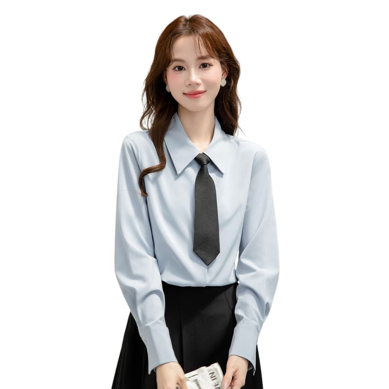 파란색 긴팔 여성 셔츠 2026 년 새로운 봄 가을 다용도 빛 직장 긍정적 인 로드 중 출퇴근 세트 경력 맨위 이미지 6