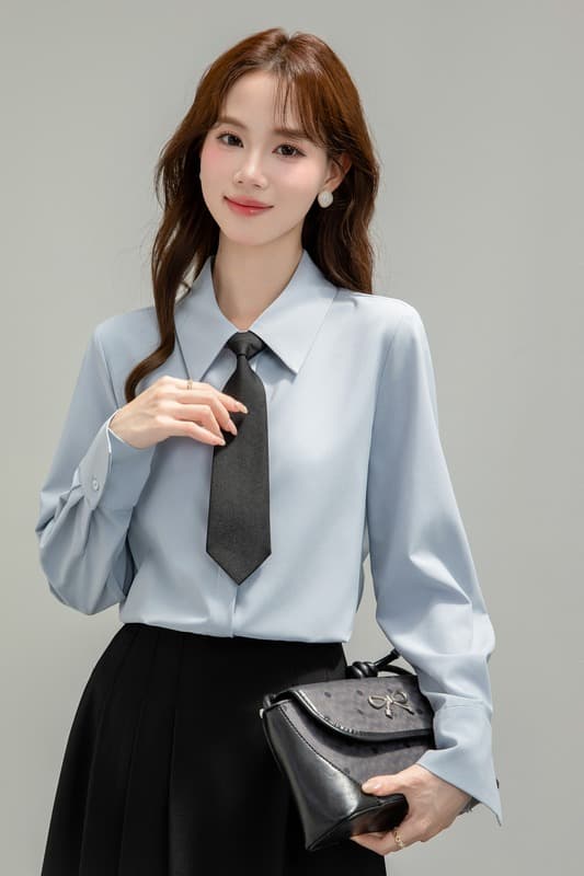 파란색 긴팔 여성 셔츠 2026 년 새로운 봄 가을 다용도 빛 직장 긍정적 인 로드 중 출퇴근 세트 경력 맨위 이미지 7