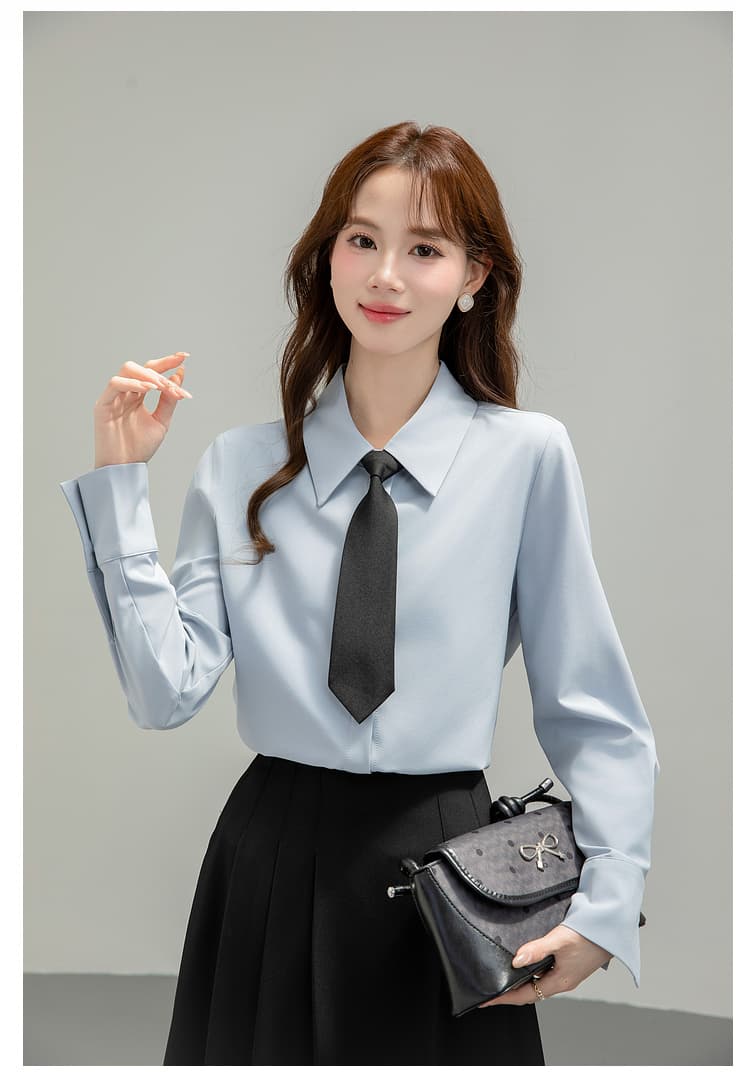 파란색 긴팔 여성 셔츠 2026 년 새로운 봄 가을 다용도 빛 직장 긍정적 인 로드 중 출퇴근 세트 경력 맨위 상세 이미지 12