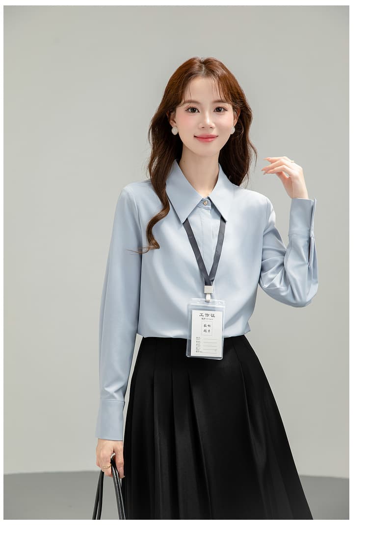 파란색 긴팔 여성 셔츠 2026 년 새로운 봄 가을 다용도 빛 직장 긍정적 인 로드 중 출퇴근 세트 경력 맨위 상세 이미지 14