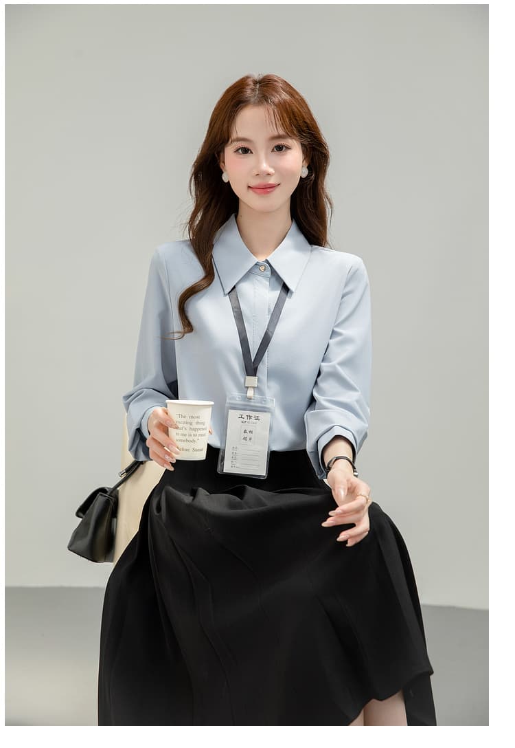 파란색 긴팔 여성 셔츠 2026 년 새로운 봄 가을 다용도 빛 직장 긍정적 인 로드 중 출퇴근 세트 경력 맨위 상세 이미지 21