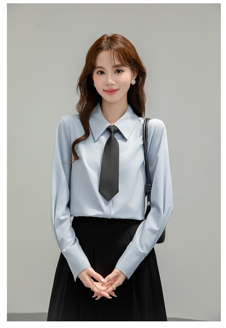 파란색 긴팔 여성 셔츠 2026 년 새로운 봄 가을 다용도 빛 직장 긍정적 인 로드 중 출퇴근 세트 경력 맨위 상세 이미지 24